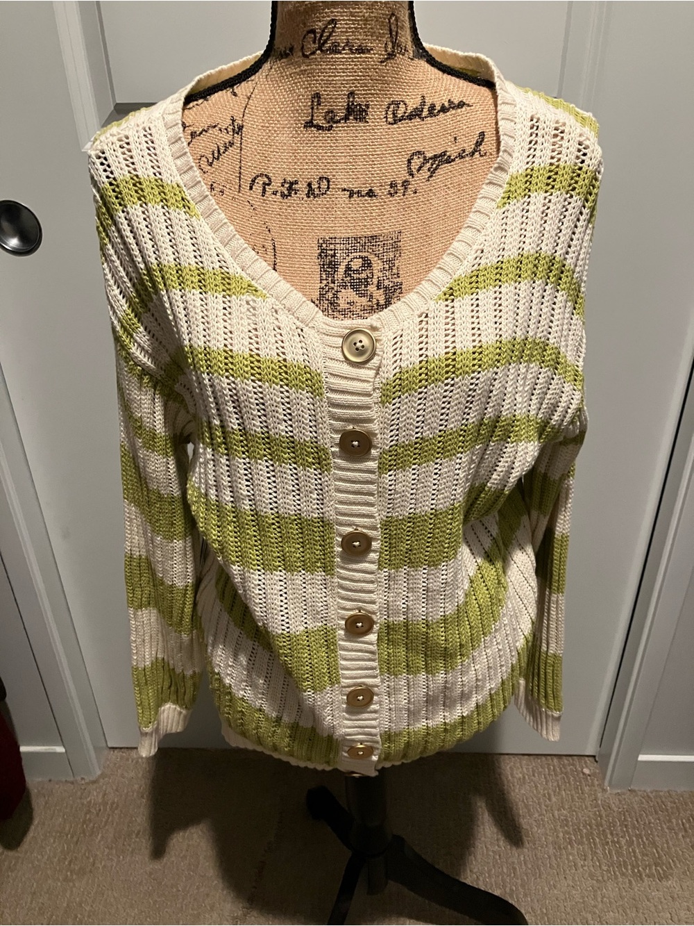 Tribal Cream & Light Green Striped V-Neck Button Front Cardigan
